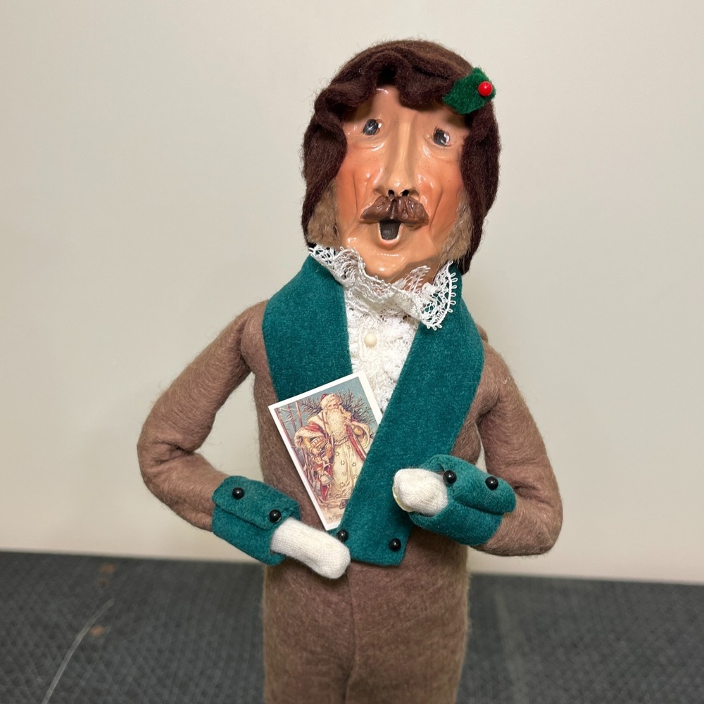 Byers‎ Choice Caroler Man brown Mustache, Christmas Card, Green Collar, 1992